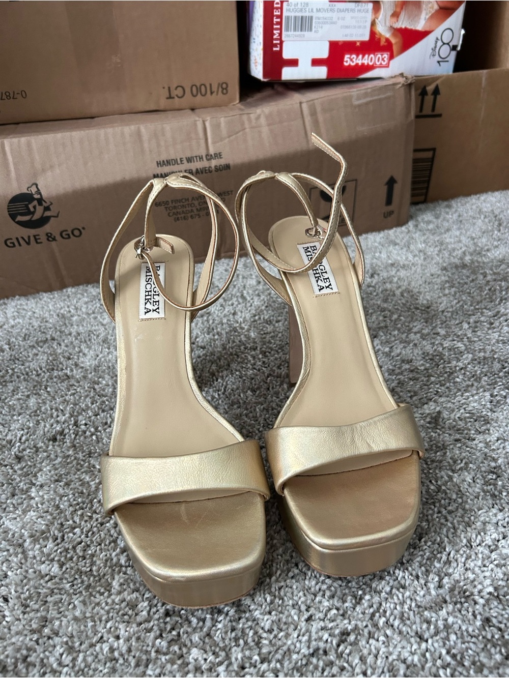 Badgley Mischka gold leather heels